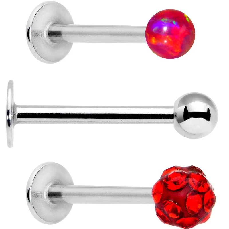 16 Gauge 3/8 Red Faux Opal Ball Labret Monroe Tragus 3 Pack Set