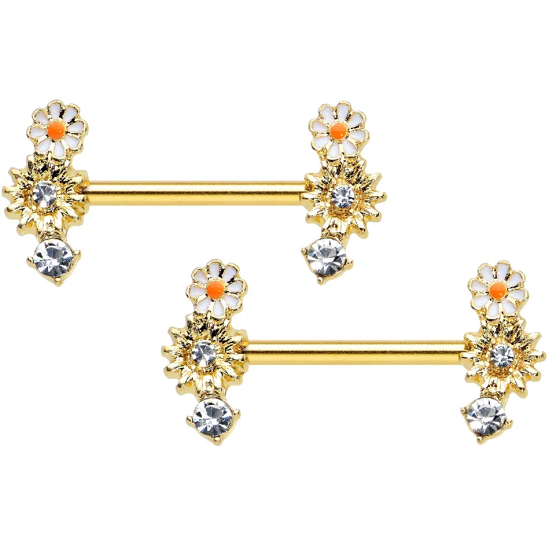 14 Gauge 1/2 Clear Gem Gold Tone Sunny Day Daisy Nipple Ring Set