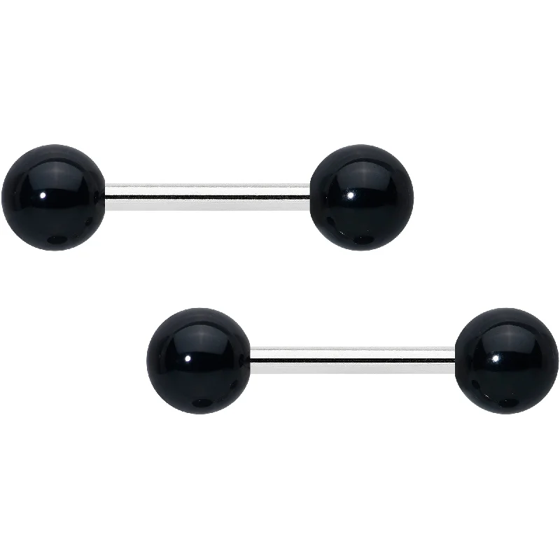 14 Gauge 1/2 Elegant Black Agate Barbell Nipple Ring Set