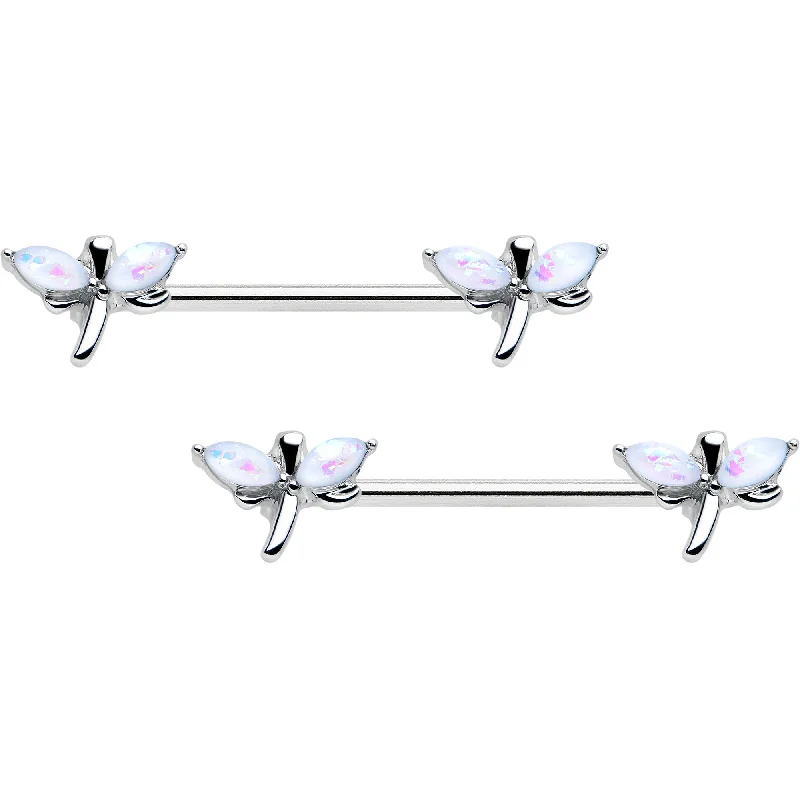 14 Gauge 5/8 White Faux Opal Styled Dragonfly Barbell Nipple Ring Set