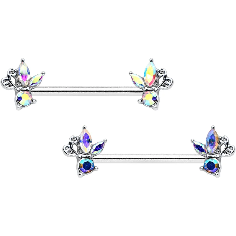 14 Gauge 9/16 Aurora CZ Gem Fleur de Lis Butterfly Barbell Nipple Ring Set