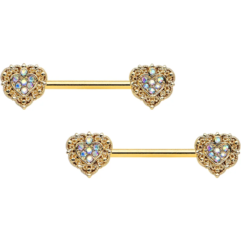 14 Gauge 9/16 Aurora Gem Gold Tone Baroque Heart Nipple Ring Set