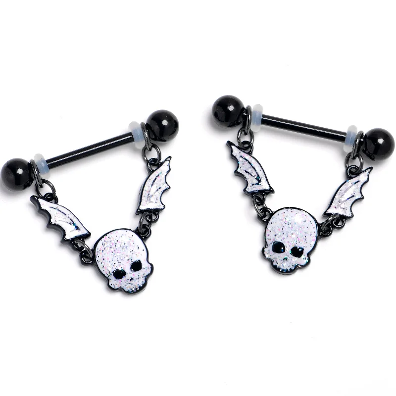 14 Gauge 9/16 Black Winged Skull Glitter Dangle Nipple Ring Set