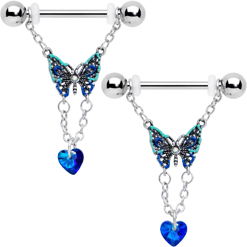 14 Gauge 9/16 Blue Gem Heart Colorful Butterfly Dangle Nipple Ring Set