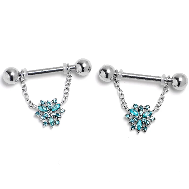 14 Gauge 9/16 Blue Gem Snowflake Style Chain Dangle Nipple Ring Set