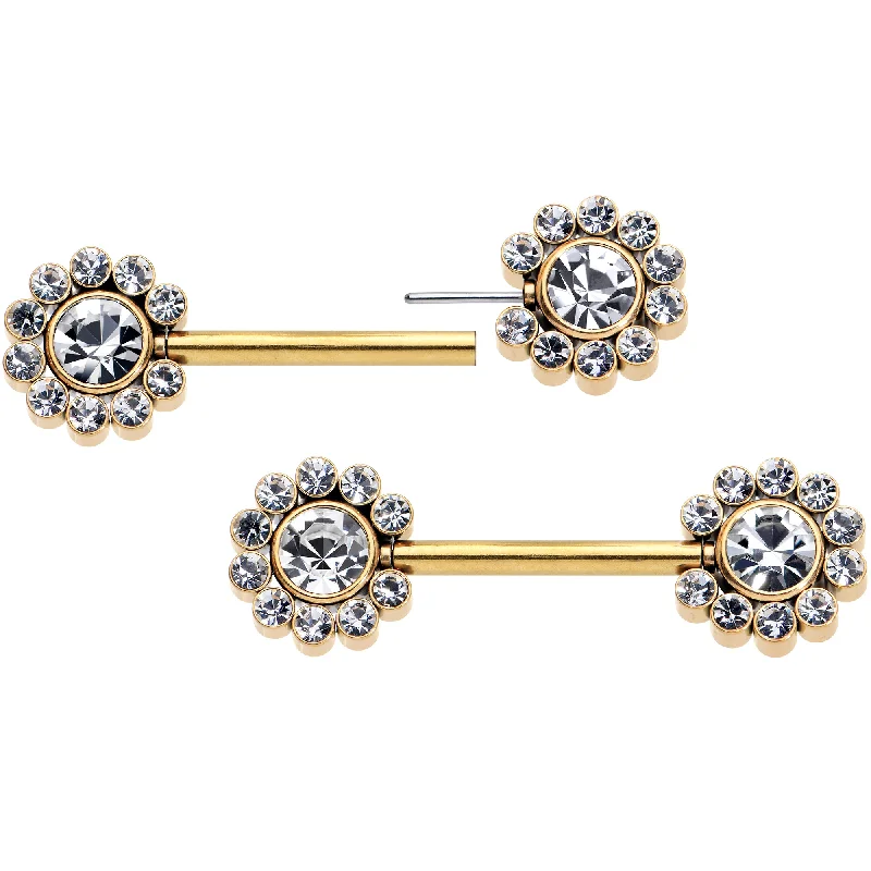 14 Gauge 9/16 Clear CZ Gem Gold Tone Flower Threadless Nipple Ring Set