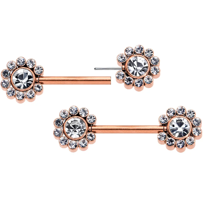 14 Gauge 9/16 Clear CZ Gem Rosy Tone Flower Threadless Nipple Ring Set