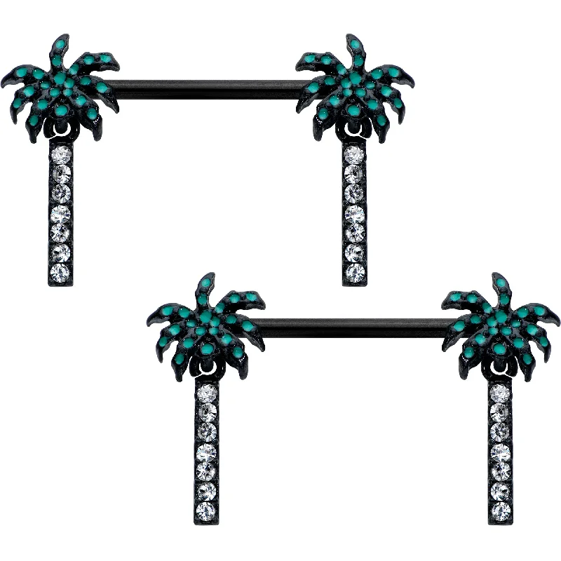 14 Gauge 9/16 Clear Gem Black Night Palm Tree Dangle Nipple Ring Set