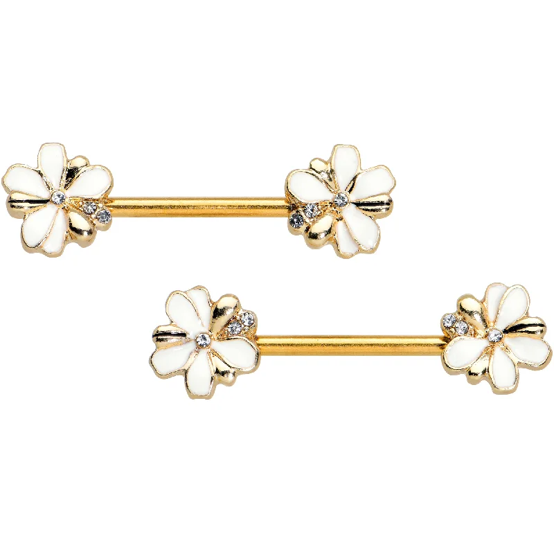 14 Gauge 9/16 Clear Gem Gold Tone Feeding Bee Barbell Nipple Ring Set