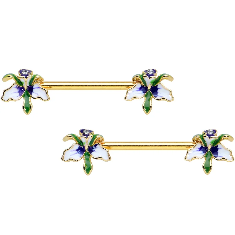 14 Gauge 9/16 Clear Gem Gold Tone Iris Flower Barbell Nipple Ring Set