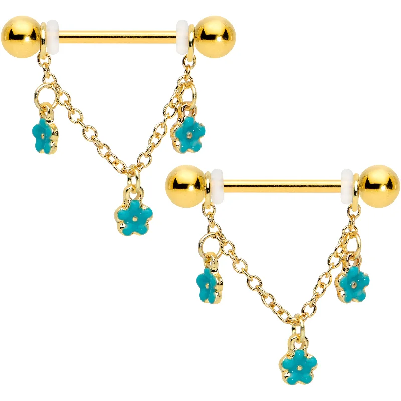 14 Gauge 9/16 Gold Tone Blue Flowers Chain Dangle Nipple Ring Set