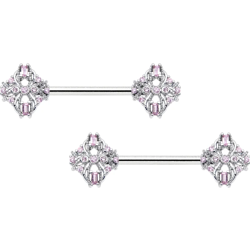 14 Gauge 9/16 Pink Gem Opulent Cross Barbell Nipple Ring Set