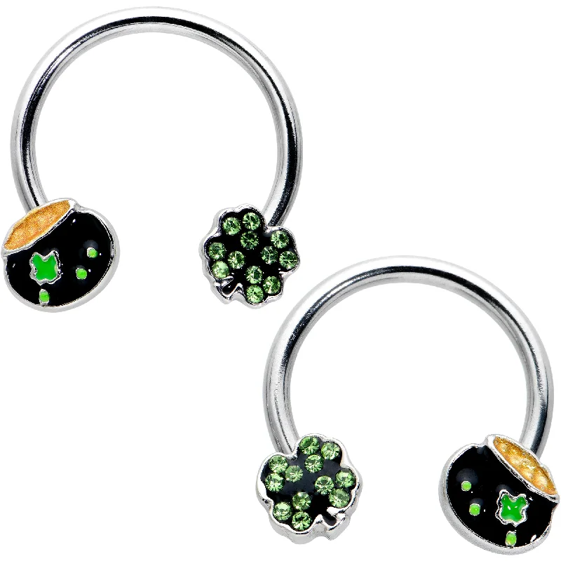 14 Gauge 9/16 Green Gem Shamrock Pot of Gold Horseshoe Nipple Ring Set