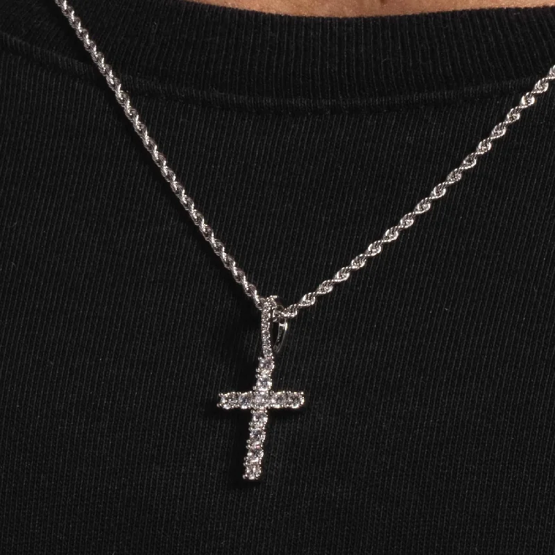 Solid White Gold Micro Diamond Cross