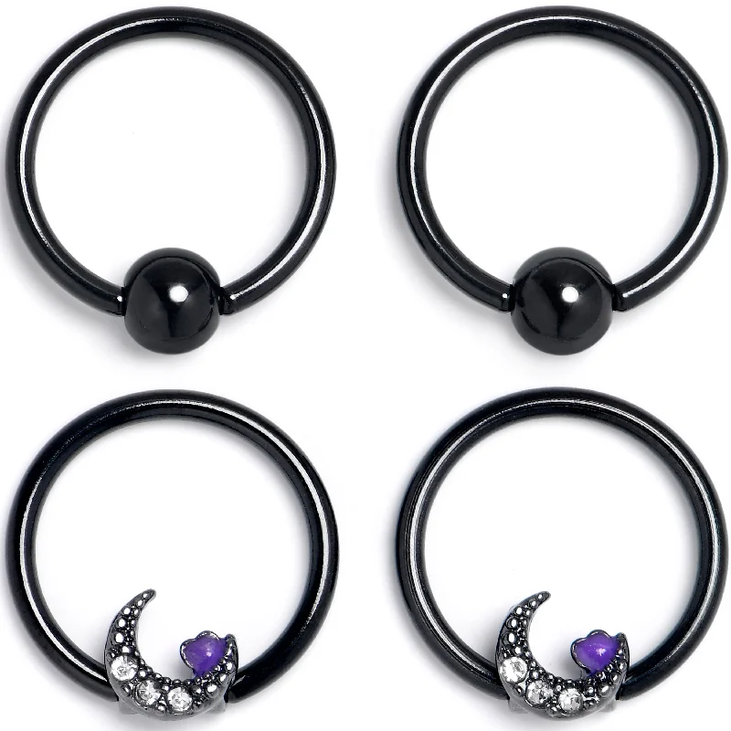 16 Gauge 3/8 Clear Gem Black Moon Heart BCR Captive Ring Set of 4