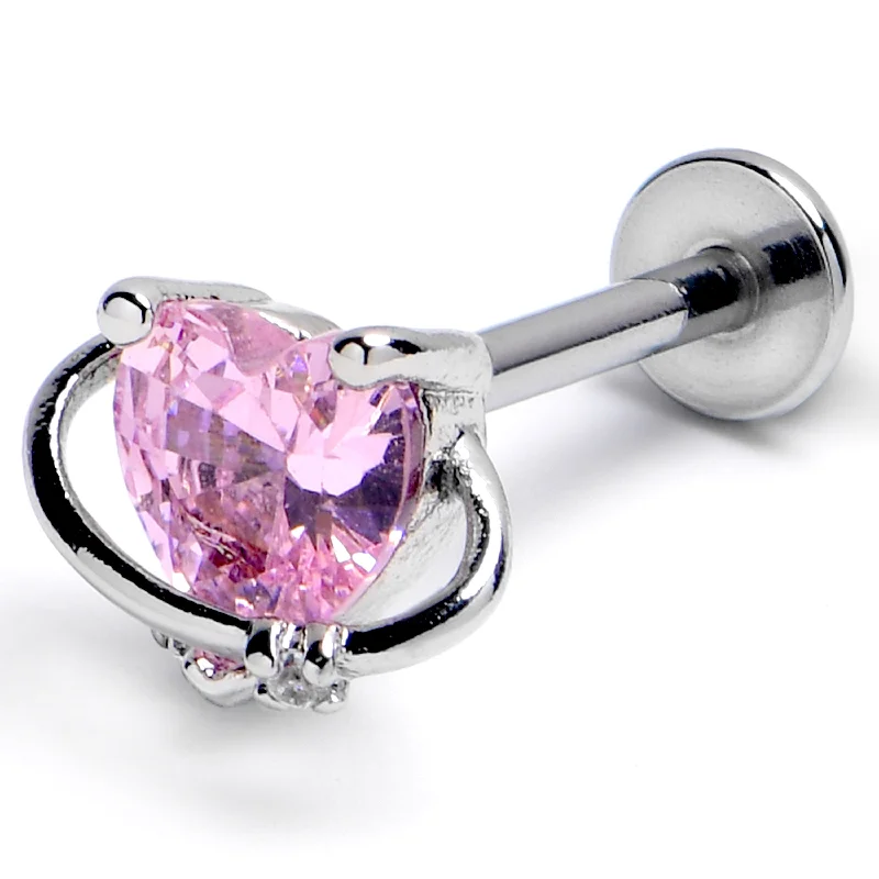 16 Gauge 3/8 Pink CZ Gem Saturn Heart Labret Monroe Tragus