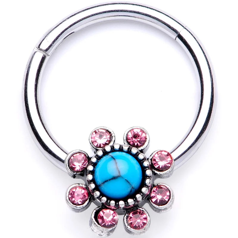 16 Gauge 3/8 Pink Gem Faux Turquoise Flower Hinged Segment Ring