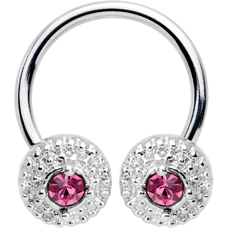 16 Gauge 3/8 Pink Gem Silver Tone Disc Horseshoe Circular Barbell