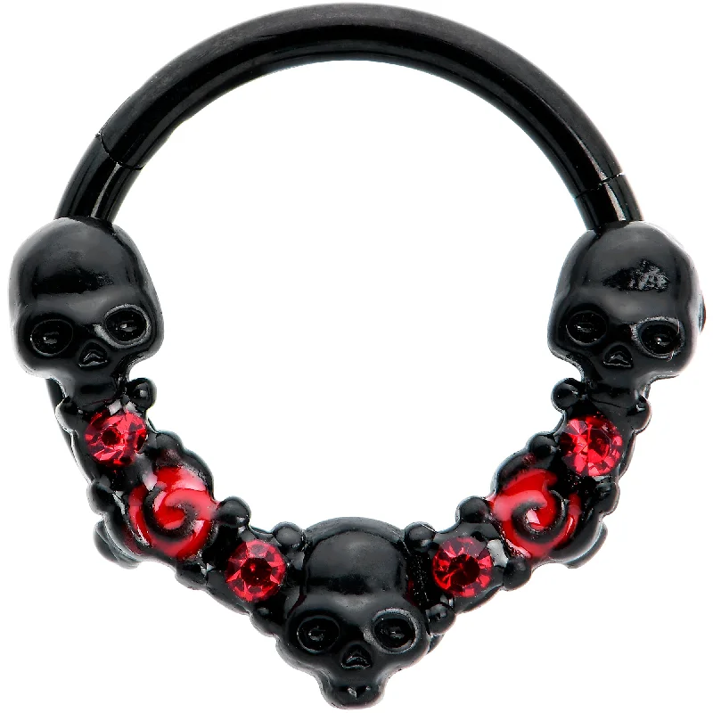 16 Gauge 3/8 Red Clear CZ Gem Black Skull Halloween Hinged Segment Ring