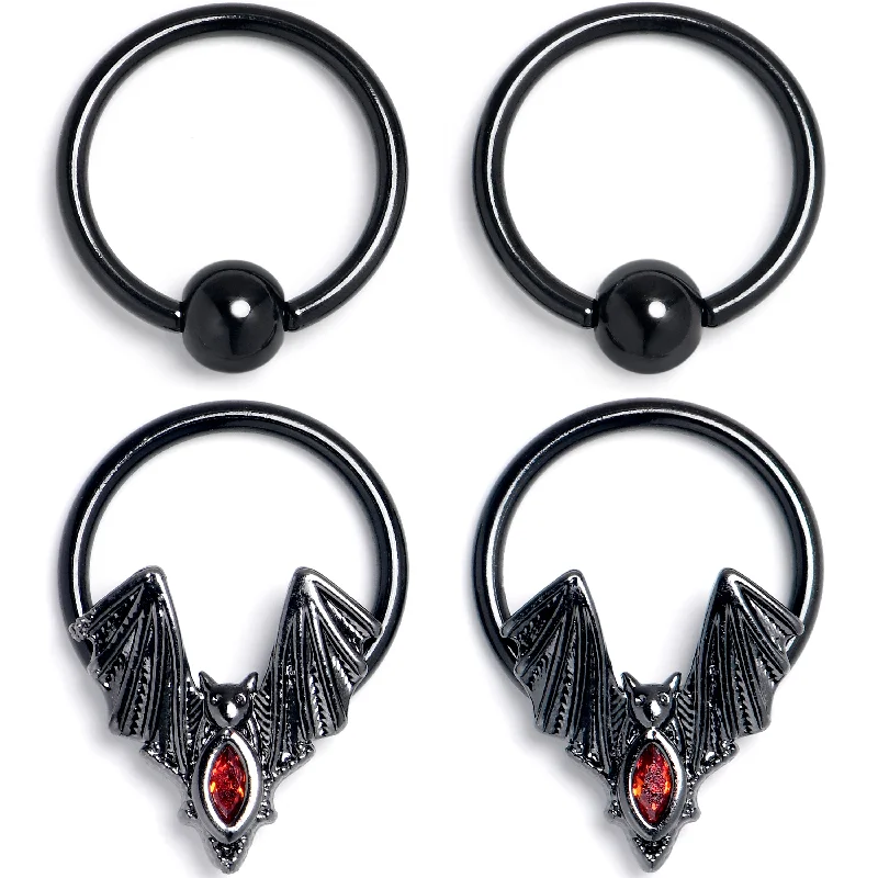 16 Gauge 3/8 Red Gem Black Bat BCR Captive Ring Set of 4