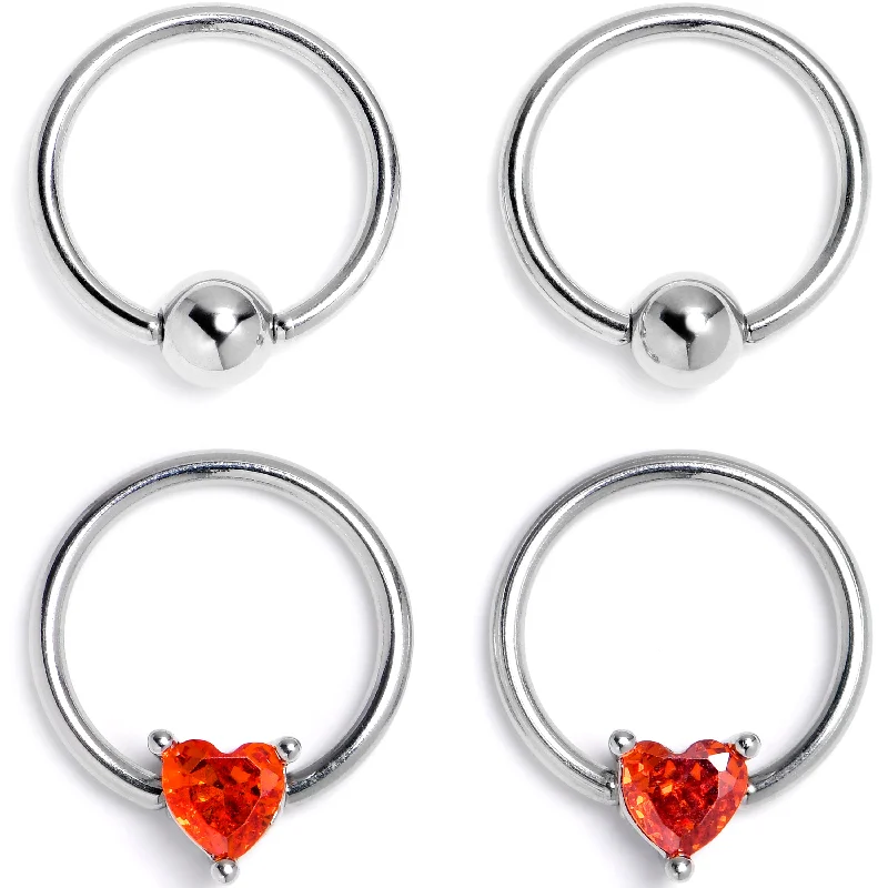 16 Gauge 3/8 Red Gem Heart BCR Captive Ring Set of 4