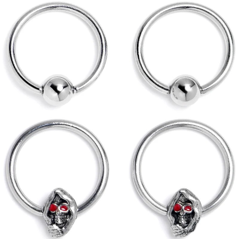 16 Gauge 3/8 Skull Red Eyes BCR Captive Bead Ring Set of 4