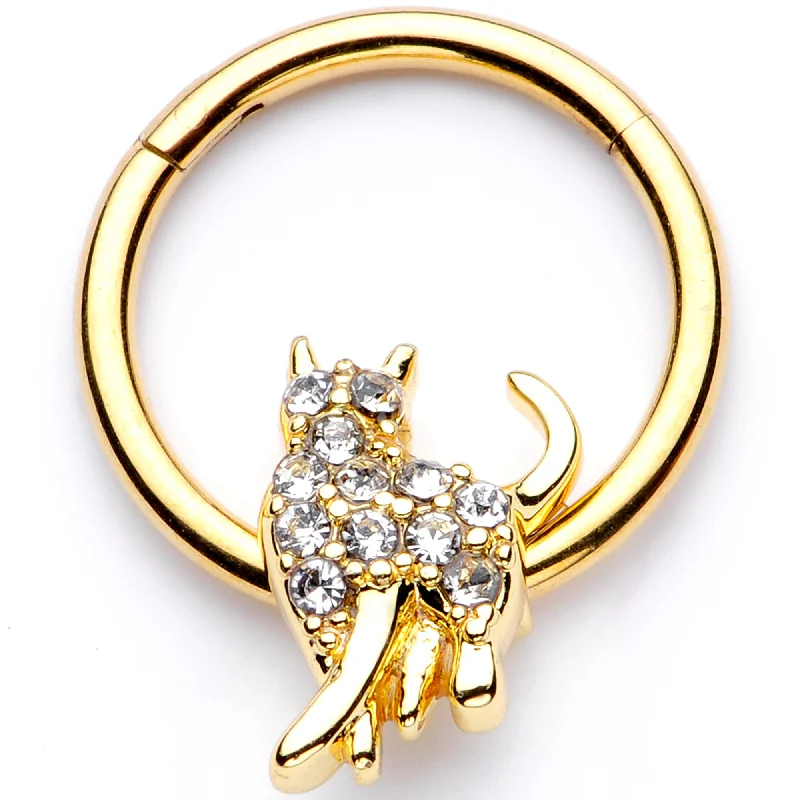 16 Gauge 3/8 Clear Gem Gold Tone Glamourpuss Cat Hinged Segment Ring