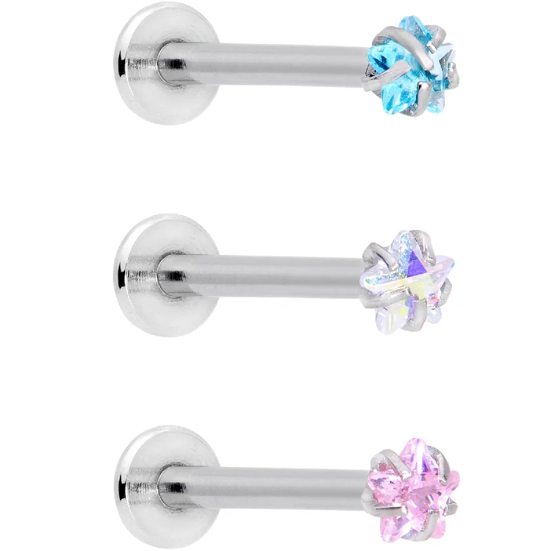 16 Gauge 3/8 Clear Pink Blue Star CZ Gem Labret Tragus Set of 3