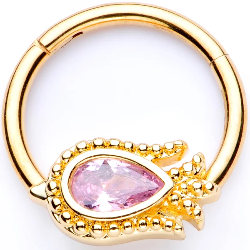 16 Gauge 3/8 Pink Gem Gold Tone Tulip Flower Hinged Segment Ring