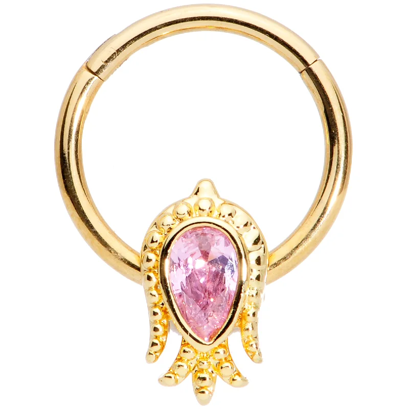 16 Gauge 3/8 Pink Gem Gold Tone Sideways Tulip Flower Hinged Segment Ring