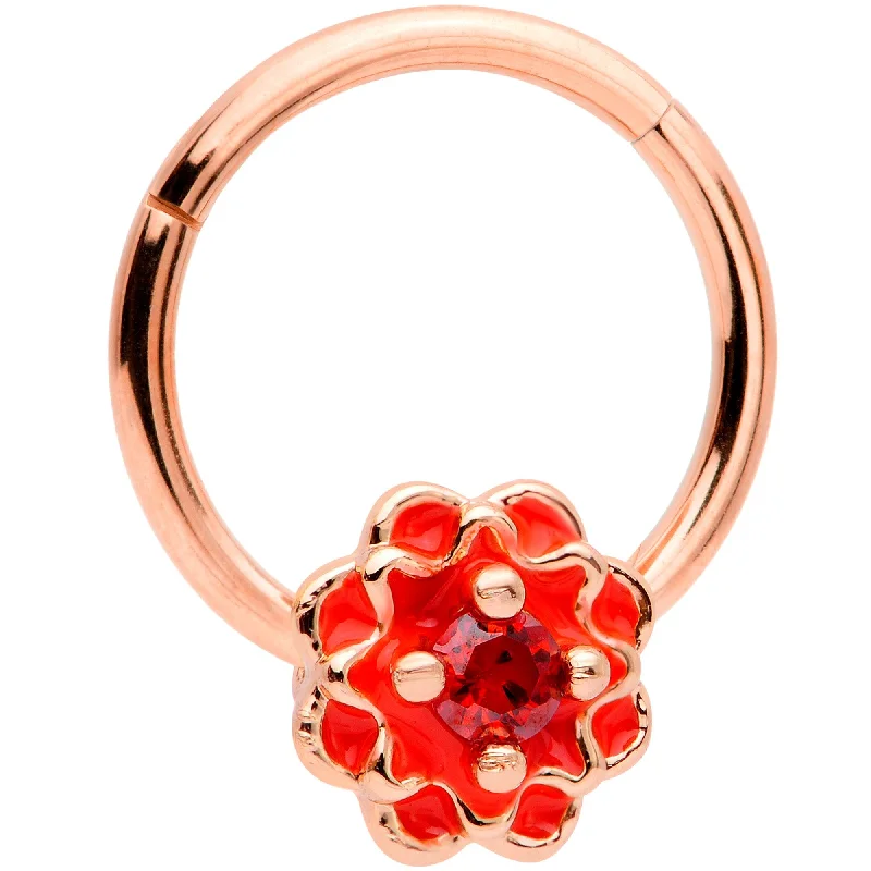 16 Gauge 3/8 Red Gem Rose Gold Tone Red Flower Septum Hinged Segment Ring