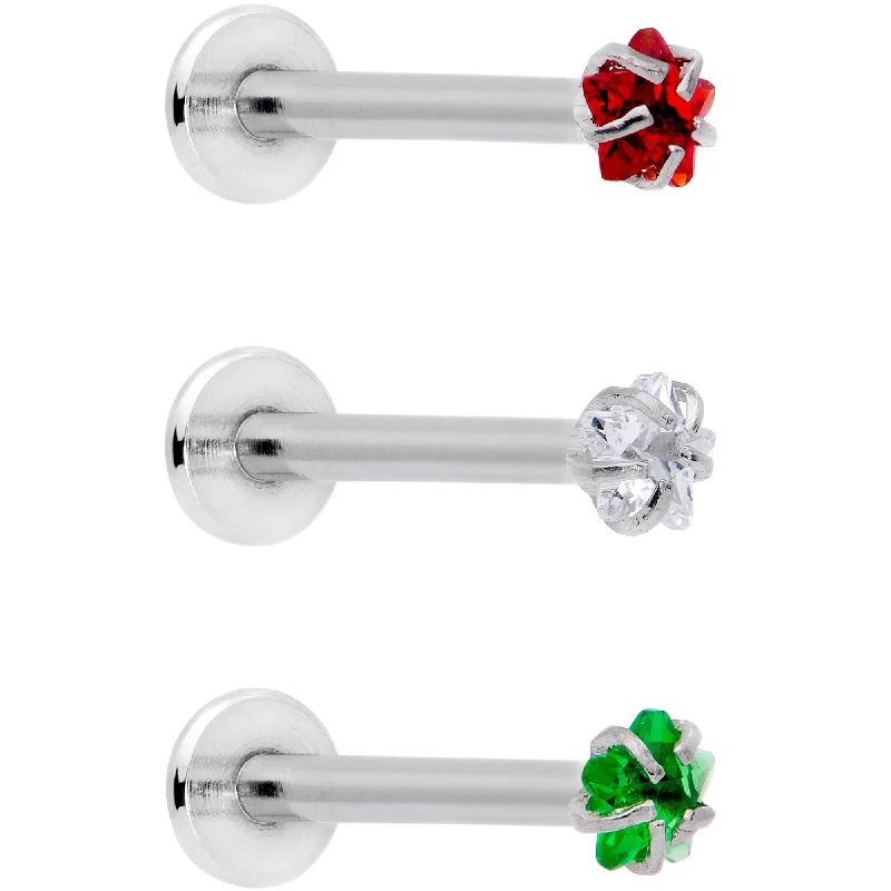 16 Gauge 3/8 Red Green CZ Gem Holiday Star Labret Tragus Set of 3