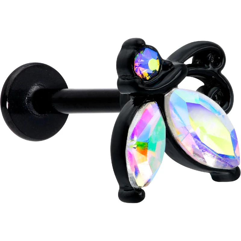 16 Gauge 5/16 Aurora CZ Gem Black Fleur de Lis Butterfly Labret Monroe Tragus