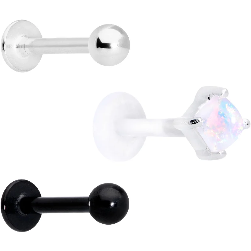 16 Gauge 5/16 Faux White Opal Flexible Bioplast Black Labret Set of 3