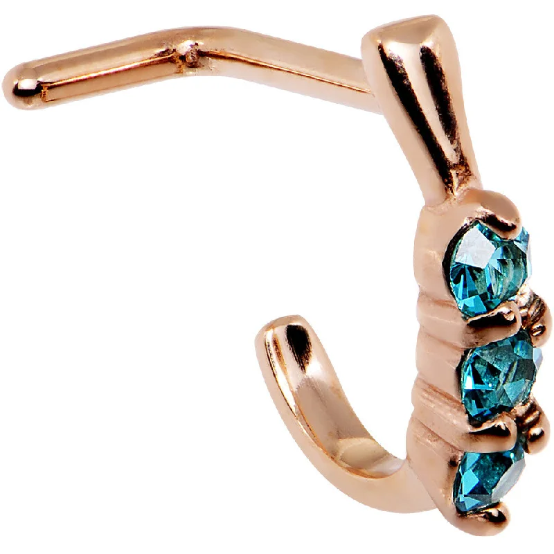 18 Gauge Aqua Gem Rose Gold PVD Faux Hoop L Shaped Nose Ring