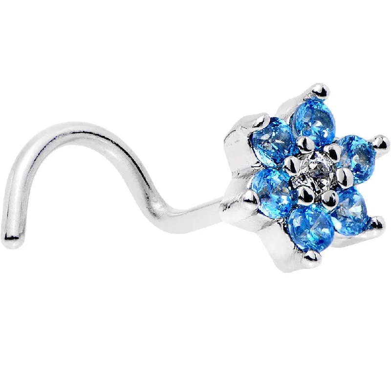 20 Gauge 1/4 Aqua Blue and Clear CZ Gem Flower Right Nose Screw