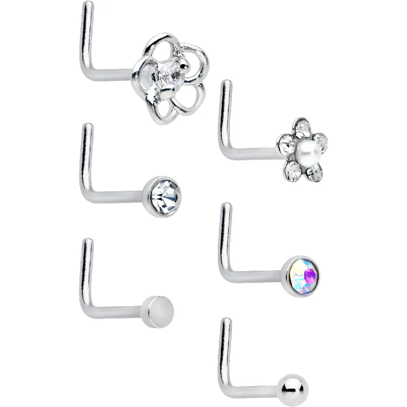 20 Gauge 1/4 Aurora Clear CZ Gem Flower L Shape Nose Ring Set of 6