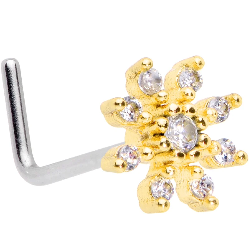 20 Gauge 1/4 Clear CZ Gem Gold Tone Flower L Shaped Nose Ring