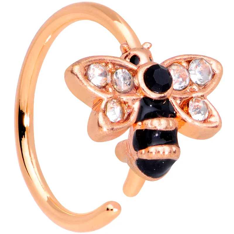 20 Gauge 5/16 Clear Black Gem Rose Gold Tone Bee Nose Hoop