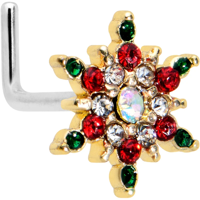 20 Gauge 7mm Aurora Gem Gold Tone Christmas Star L Shape Nose Ring