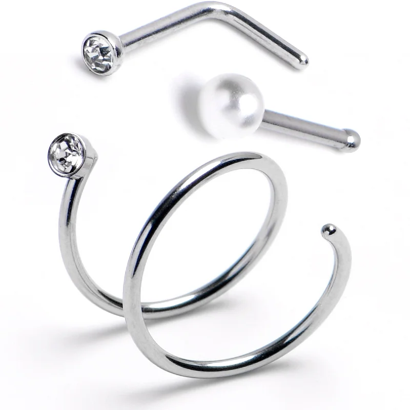 20 Gauge L-Shape Faux Pearl Nose Bone Gem Twister Double Nose Hoop Ring 3 Pack