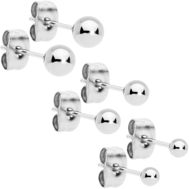 3mm 4mm 5mm Ball 316L Stainless Steel Stud Earrings 3 Pack