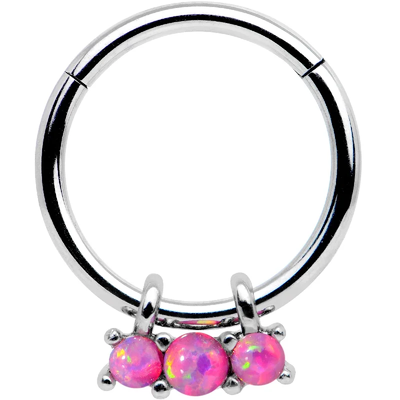 16 Gauge 3/8 Pink Synthetic Opal Trio Hinged Segment Ring