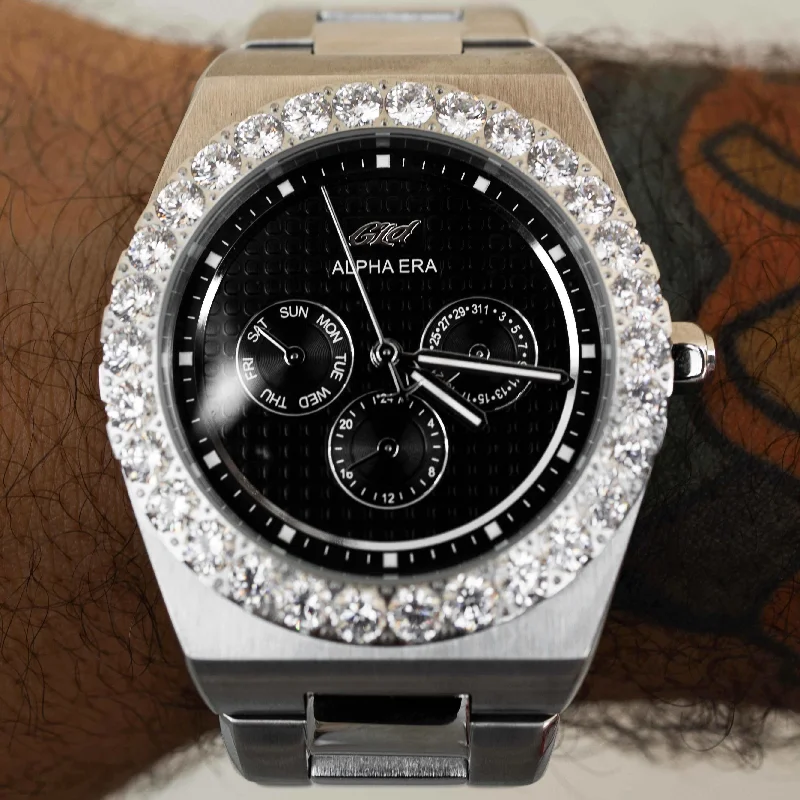 316L Stainless Steel w/ CZ Stones / Black Chrono / Steel Bracelet