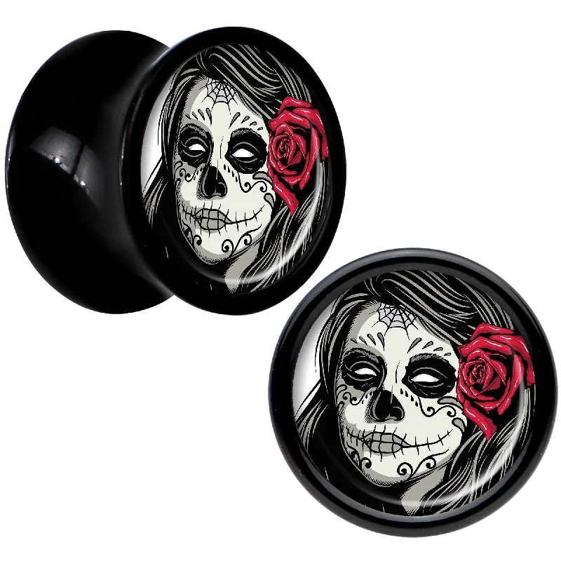 Black Acrylic Katrina Sugar Skull with Rose Flower Saddle Plug Set 0 Gauge