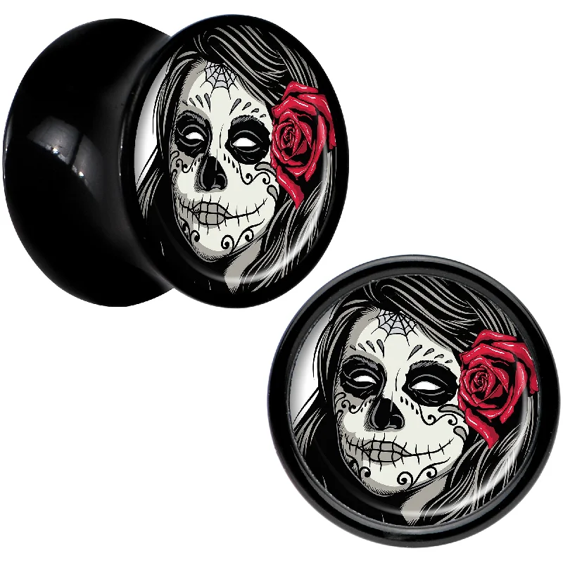 Black Acrylic Katrina Sugar Skull with Rose Flower Saddle Plug Set 00 Gauge