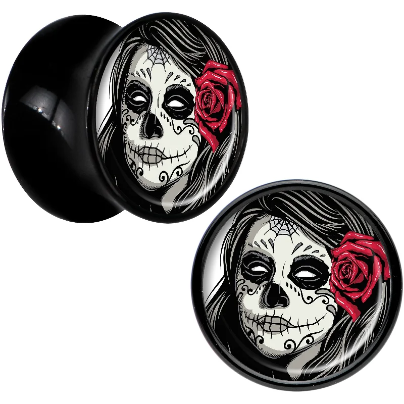 Black Acrylic Katrina Sugar Skull with Rose Flower Saddle Plug Set 1/2