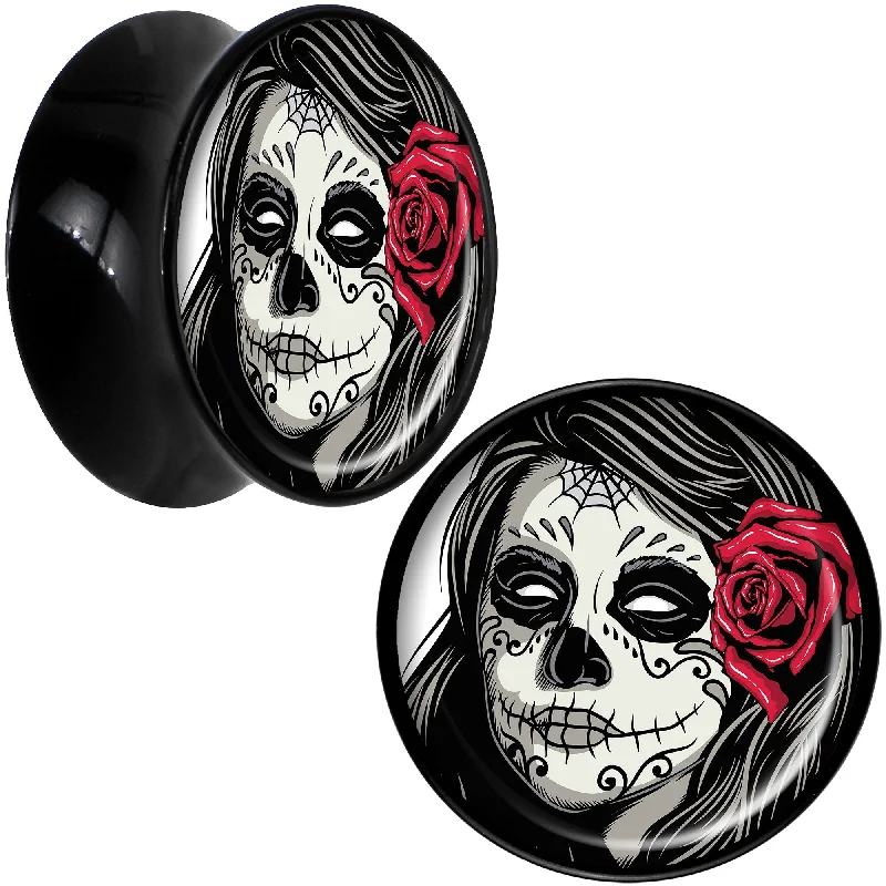 Black Acrylic Katrina Sugar Skull with Rose Flower Saddle Plug Set 18mm