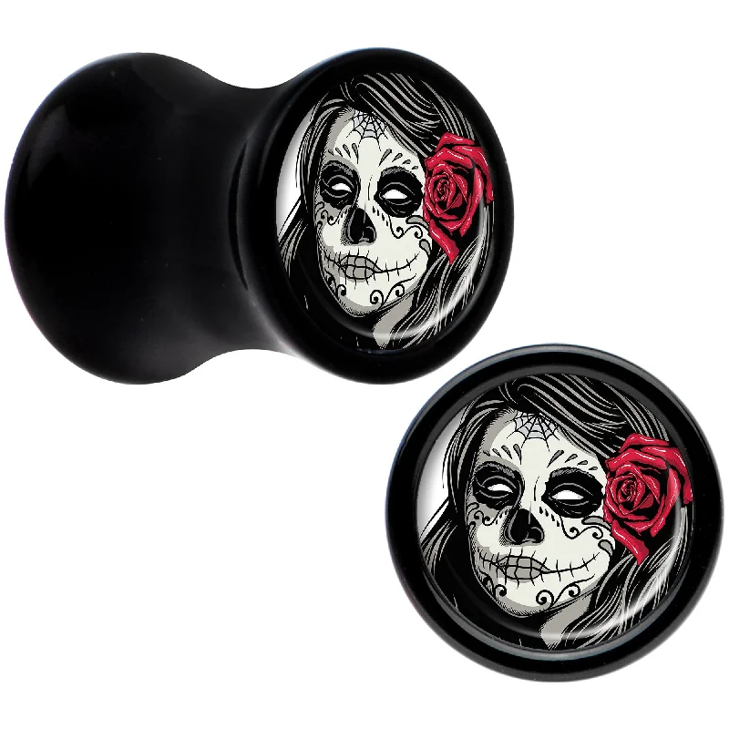 Black Acrylic Katrina Sugar Skull with Rose Flower Saddle Plug Set 2 Gauge