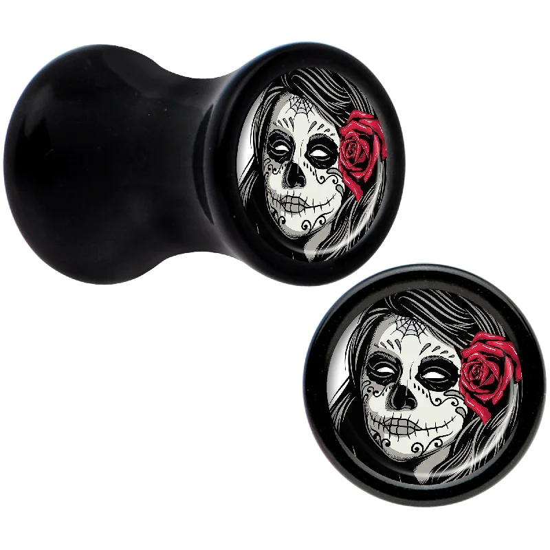 Black Acrylic Katrina Sugar Skull with Rose Flower Saddle Plug Set 4 Gauge